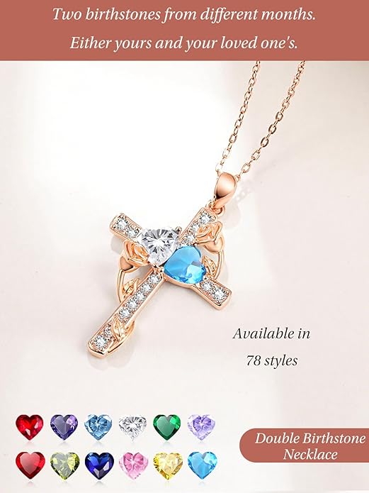Rose Gold Dual Birthstones Cross Necklace for Women Rose Flower Jewelry Anniversary Christmas Mother's Valentine's Day Birthday Gift for Wife Girlfriend Mom - Bloomnest