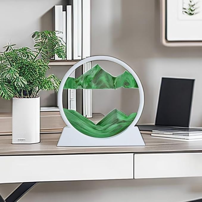 BGFJYUK Moving Sand Art Picture in Motion, Round Glass 3D Deep Sea Sandscapes with Display Flowing Sand Frame for Relaxing Desktop Home Office Work Décor for Kids Adults（White Frame Green, 12inch - Bloomnest