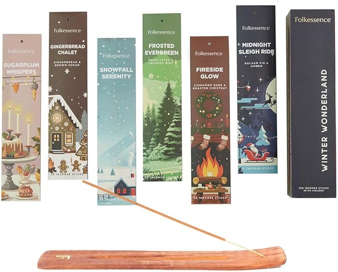 Folkulture Incense Sticks with Holder | Set of 6 (120) Winter Insence-Sticks with 45 Min Burn Time | Cedarwood, Amber Incenses | Organic, Non Toxic Fall Scents | Inscent-Stick or Winter Essentials
