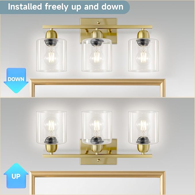 Modern Brushed Gold 3 Light Bathroom Light Fixtures, 19 inch Vanity Lights for Bathroom with Clear Glass for Mirror Kitchen Living Room Hallway Cabinet Porch - Bloomnest