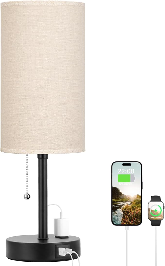 Dicoool 17Inch Tall Bedroom Lamps with USB C and A Ports 3 Color Temperatures - Pull Chain Beige Nightstand Bedside Table Lamp with AC Outlet, Side Lamp for Living Room End Table - Bloomnest