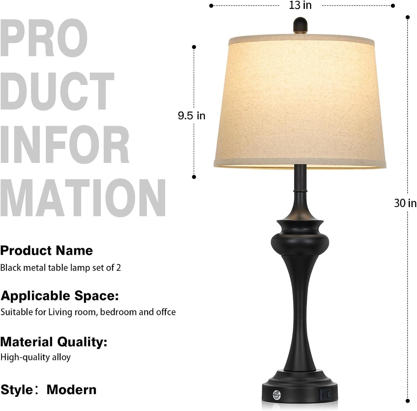 30" Black Tall Table Lamps for Living Room, Touch Control Bedside Lamp with USB A+C Ports, 3-Way Modern Bedroom Table Lamps Set of 2, Elegant Metal Lamp for Nightstand Desk Side Table Office