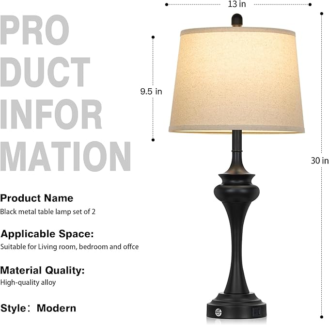 30" Black Tall Table Lamps for Living Room, Touch Control Bedside Lamp with USB A+C Ports, 3-Way Modern Bedroom Table Lamps Set of 2, Elegant Metal Lamp for Nightstand Desk Side Table Office - Bloomnest