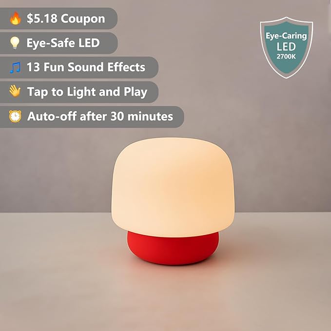 Mushroom Night Light for Kids-Gift & Toy for Kids, Touch Lamp with Sounds&Sleep Music, Squishy Silicone, Eye-Safe LED, 30-Min Timer, Dimmable Rechargeable Bedside Table Lamp – Gift for Boys & Girls - Bloomnest