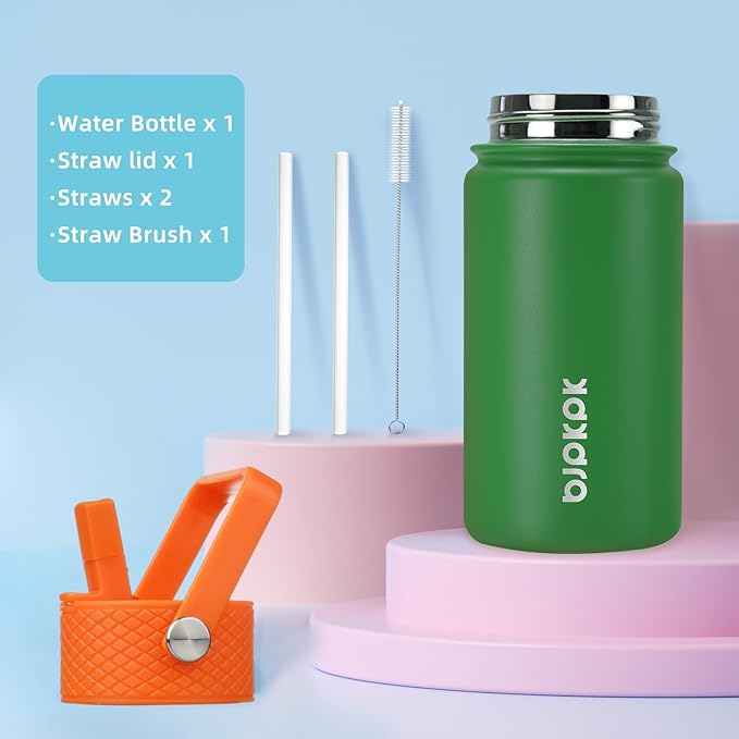 BJPKPK Insulated Water Bottle with Straw Lid, 15 oz Stainless Steel Metal Water Bottles, Reusable Leak Proof BPA Free Thermo, Flask, Cups - Macaron Matcha - Bloomnest