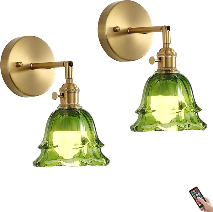 2 Pack Vintage Battery Operated Wall Sconces, Rose Green Lampshade & 180 Degree Adjustable, Wireless Rechargeable RGB Wall Light with Remote Control, for Bedroom Living Room Hallway Aisle - Bloomnest