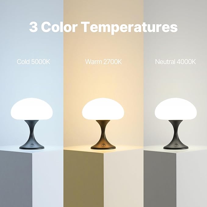 Mushroom Lamp, 5W LED Cordless Rechargeable Table Lamp with Glass Shade, Small Retro Dimmable Touch Light with 3 Color Temps, Aesthetic Mid Century Bedside Light for Bedroom Ambient, Black - Bloomnest