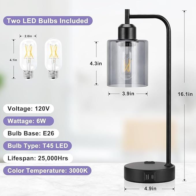 Innqoo Industrial Touch Bedroom Lamps for Bedrooms Set of 2-3-Way Dimmable Table Lamps with USB C+A Ports and Outlet, Bedside Lamps with Gray Glass Shade for Living Room, Desk Lamps for Home Office - Bloomnest