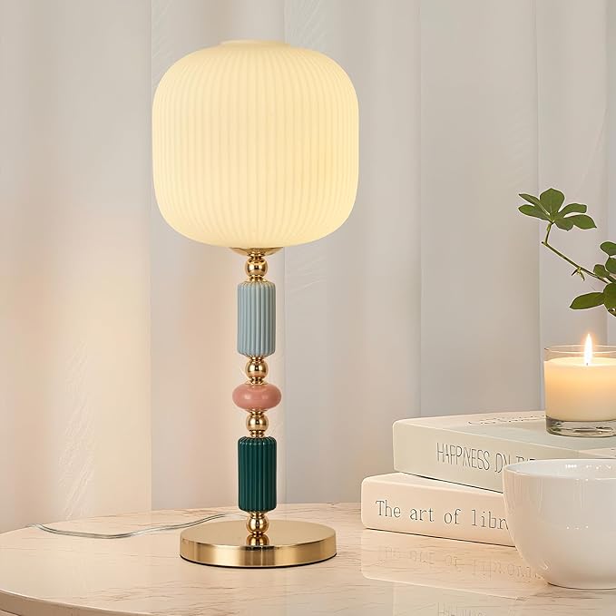 Milk White Glass Shade Table Lamp Modern Metal Desk Lamp with Plug Cord Switch for Bedroom Dining Room - Bloomnest