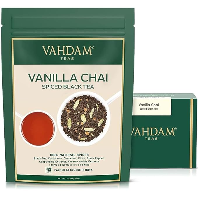 VAHDAM Vanilla Spiced Masala Chai | 3.53oz (50 Cups) Gluten Free Delicious Blend Of Vanilla & Masala Chai | Spiced Chai Tea Loose Leaf | Brew As Hot, Cold Or Iced Tea | Vacuum Sealed Pack - Bloomnest