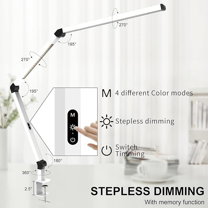 Micomlan LED Desk Lamp with Clamp, Dual Light Table Lamp with Adjustable Swing Arm, Eye-Care 4 CCT Modes & 5 Brightness Levels Clip-on Architect Modern Desk Light for Home Office Crafting Sewing - Bloomnest