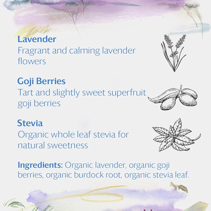 Grace Farms LAVENDER GOJI BERRY Herbal Tea (16 Pyramid Sachets) | Naturally Sweet, Stress Relieving and Caffeine Free | Organic and Kosher Certified | Gives Back 100% of Profits - Bloomnest