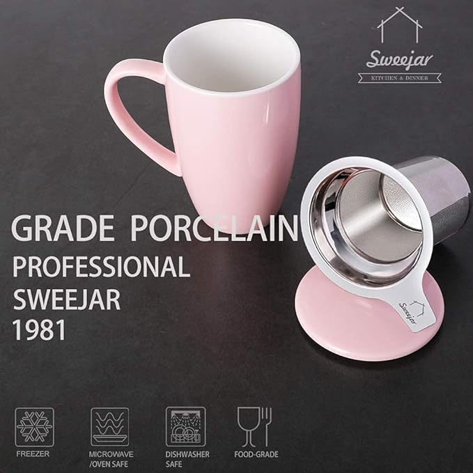 Sweejar Porcelain Tea Infuser Cup with Lid, 16 oz Tea Cup with Strainers for Loose Leaf Tea, Microwave and Dishwasher Safe Coffee Mug, Tea Steeping Mug for Tea Drinkers,Christmas Gift (Pink) - Bloomnest