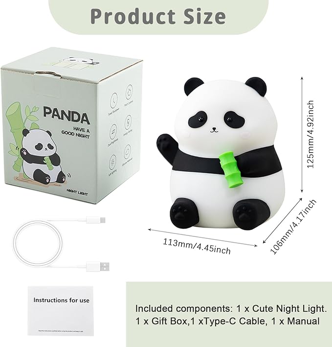 Cute Panda Silicone Night Light, LED Squishy Lamp with 12H/50H Long Battery Life, 2 Levels Brightness by Tap Control, Rechargeable Soft Light for, Kids Bedroom Decor & Gifts for Boys Girls - Bloomnest