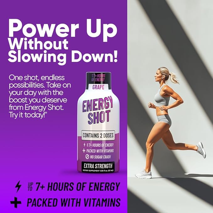 Grape Extra Strength Energy Shot 48 pk – 260mg Natural Caffeine B12 B6 – Energy & Focus Support – 2 Servings Sugar Free Zero Calorie Green Tea B-Vitamins Electrolytes Vegan – 1.93 fl oz - Bloomnest