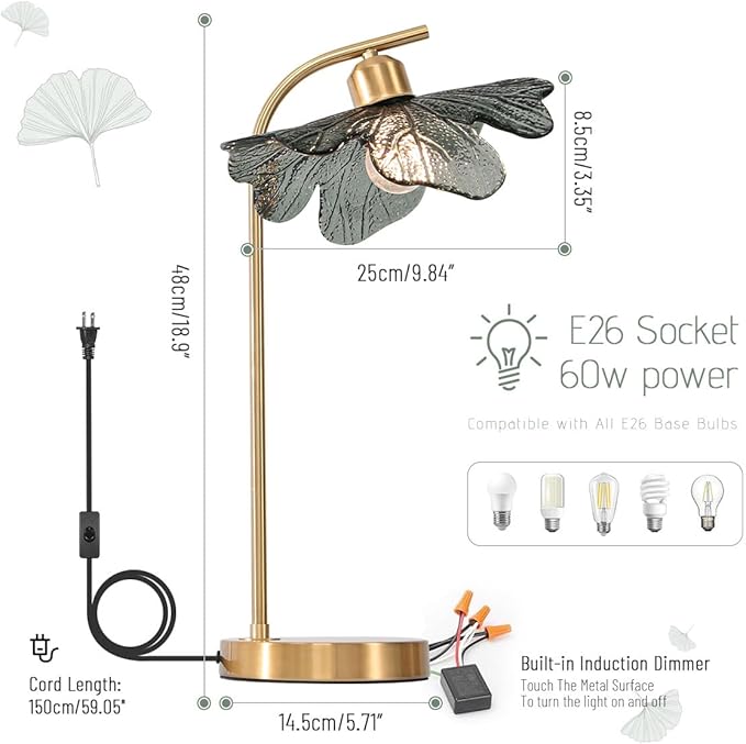 2 Pack Gold Table lamp Mid CenturyTable Lamps with Touch Switch Dark Green Glass Shade nightstand lamp Side Desk lamp Small Table lamp Glass Table Light for end Table Bedroom Farmhouse - Bloomnest