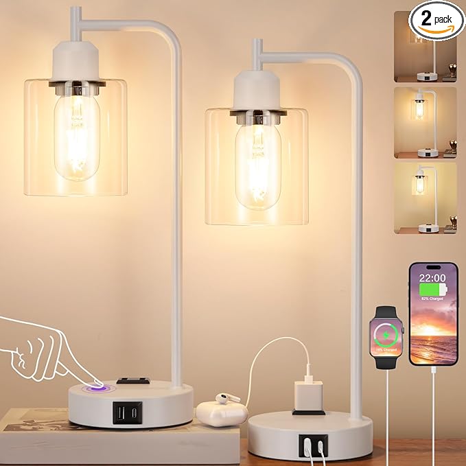 Innqoo Industrial White Table Lamps for Bedrooms Set of 2-3-Way Dimmable Desk Lamp with USB C+A Ports and Outlet, White Lamps with Clear Glass Shade for Living Room - Bloomnest