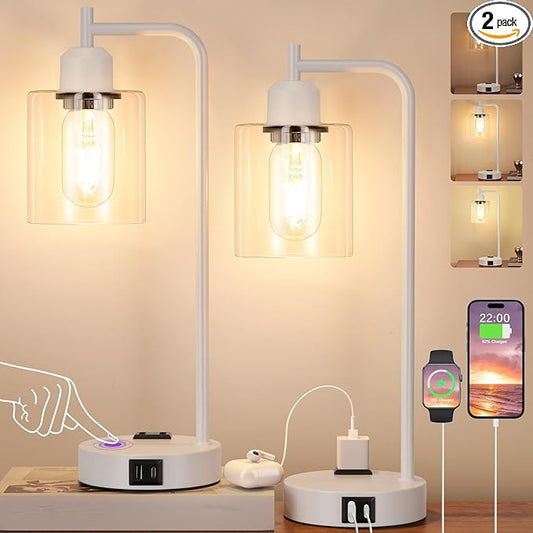 Innqoo Industrial White Table Lamps for Bedrooms Set of 2-3-Way Dimmable Desk Lamp with USB C+A Ports and Outlet, White Lamps with Clear Glass Shade for Living Room - Bloomnest