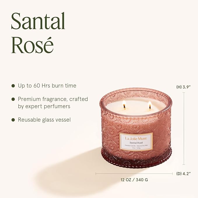 LA JOLIE MUSE Santal Rosé Candle - Saffron, Rose, Patchouli | 12 oz Large 2-Wick Soy Wax Candle | 60 Hours Clean Burn | Gift-Ready for Hosts & Gatherings | Elegant Home Décor - Bloomnest