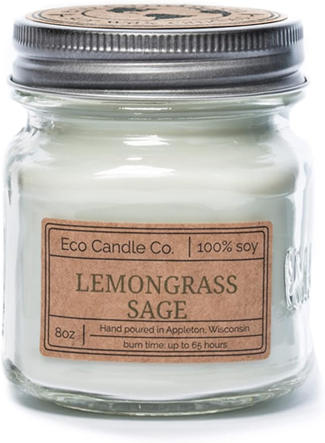 ECO CANDLE CO. Mason Jar Candle, Lemongrass Sage, 8 oz. - Scents of Lemongrass & Sage - 100% Soy Wax, No Lead, Kraft Label & Antiqued Pewter Lid, Hand Poured, Made from Midwest Grown Soybeans - Bloomnest