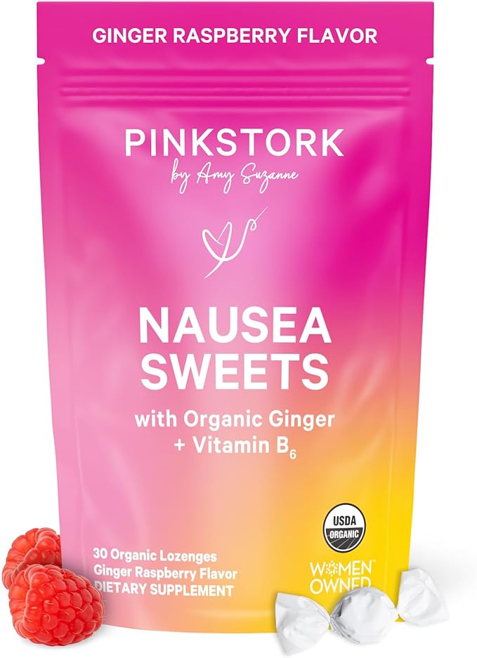 Pink Stork Organic Ginger Raspberry Sweets with Vitamin B6 for Morning Sickness and Motion Sickness, Added Ginger & Vitamin B6, 1st Trimester Pregnancy Must Haves - 30 Wrapped Candies - Bloomnest