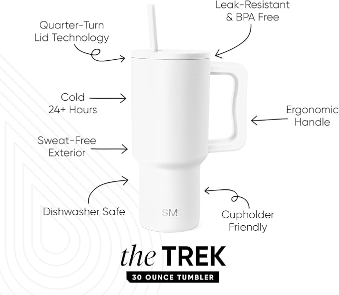 Simple Modern 30 oz Trek Tumbler with Handle and Straw Lid | Cup Holder Friendly Insulated Stainless Steel Travel Mug | Winter White SimpleModern