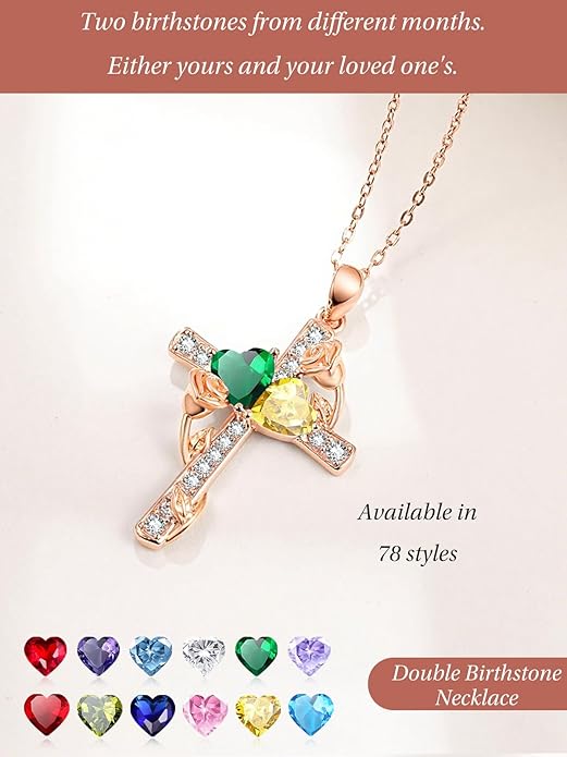Rose Gold Dual Birthstones Cross Necklace for Women Rose Flower Jewelry Anniversary Christmas Mother's Valentine's Day Birthday Gift for Wife Girlfriend Mom - Bloomnest