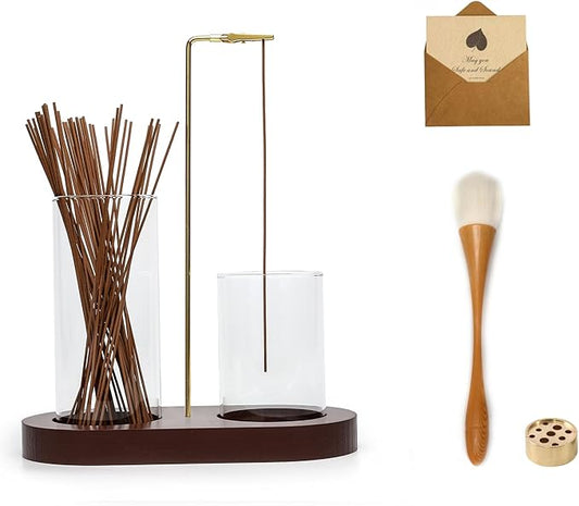 2 in 1 Glass Incense Holder for Sticks with 9-Hole Upright Burner, Ash Catcher, Brush & Greeting Card, Meditation & Yoga Accessories,Gift for Home Decor (Dark Base) - Bloomnest