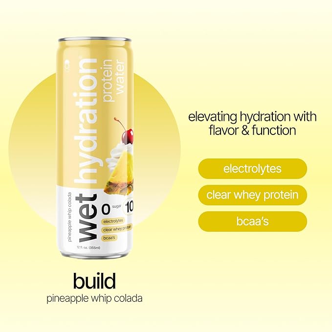 Wet Hydration | Functional Wellness Water, Non-Carbonated - Pineapple Whip Colada (12 fl. oz.| Pack of 12) - Zero Calorie Hydration Drink with Electrolytes, Clear Whey Protein, BCAAs, Protein Water, No Sugar, No Artificial Ingredients - Bloomnest