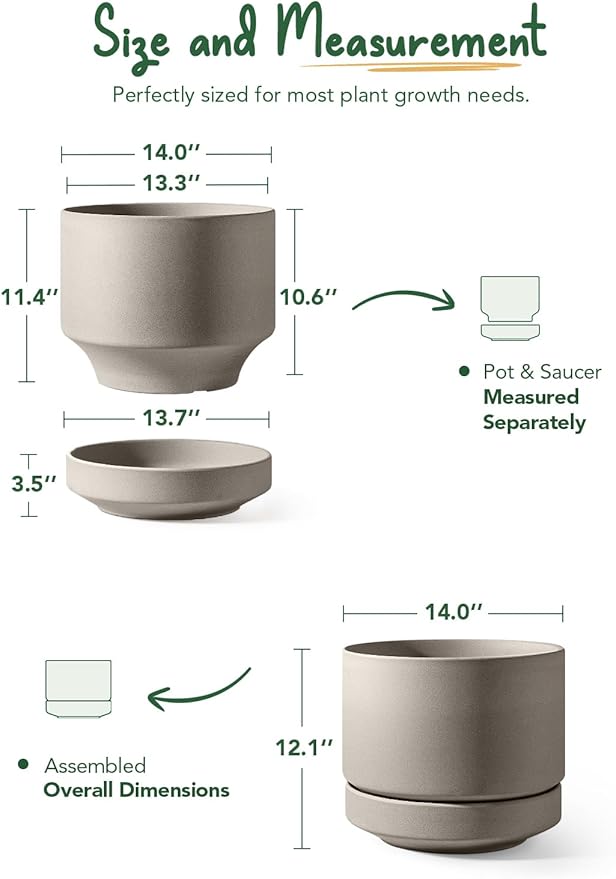 LE TAUCI Large 14 Inch Plant Pot with Saucer | Ceramic Outdoor & Indoor Big Planter Pot | Drainage Hole, Mesh Pad & Plug | Unglazed Porous | Modern Minimalist for Home and Patio – Neutral Gray - Bloomnest