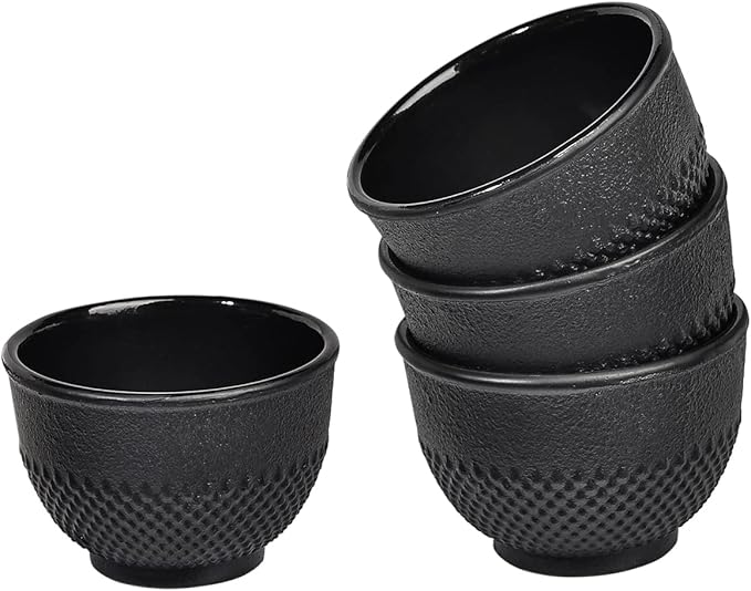 Sungmor Cast Iron Black Teacups, Set of 4 & 5 oz - Japanese Tea Cups with Enamel Interior, Traditional Gongfu Tea Set, Durable Heat-Retaining Tetsubin Style Drinkware - Bloomnest