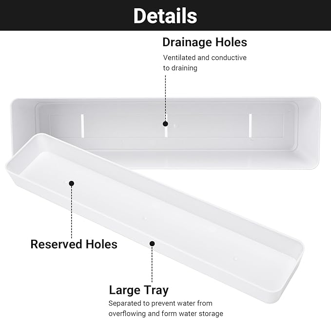 GREANER 12x3.8 Inch Herb Planters, 6 Pack White Rectangle Window Boxes with Tray, Indoor Succulent Cactus Mint Plastic Pot with Saucer for Windowsill, Balcony, Office, Outdoor Garden - Bloomnest