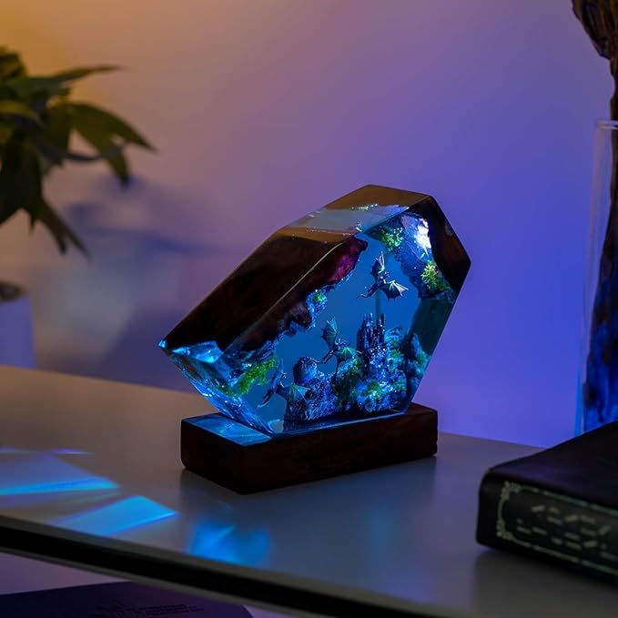 Handcrafted Ocean Scene Night Light, LED Resin Art Lamp with Sea Turtles and Divers, Decorative Table Lamp, Wooden Base (Dragons) - Bloomnest