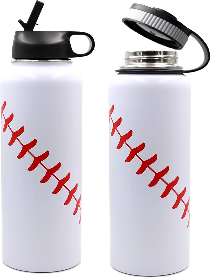 40 oz Baseball Water Bottle, Wide Mouth Sports Flask Metal Travel Tumbler with 2 Lids, Stainless Steel Double Wall Vacuum Insulated Thermo Water Jug, Baseball Accessories Gifts for Mom Boys Girls - Bloomnest