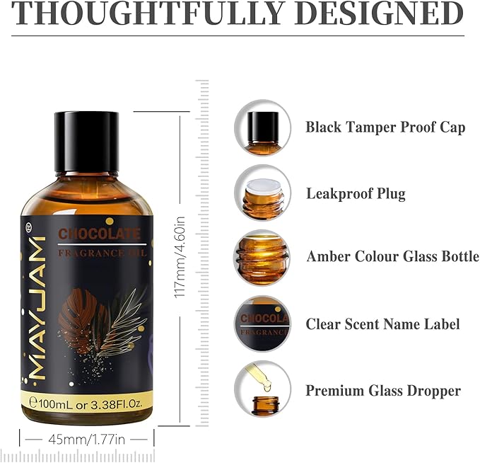 Chocolate Fragrance Oil Essential Oil, MAYJAM 3.38FL.OZ Chocolate Oil for Diffusers for Home, Long Lasting Scented Oils for Soap Candle Making - 100ML MAYJAM