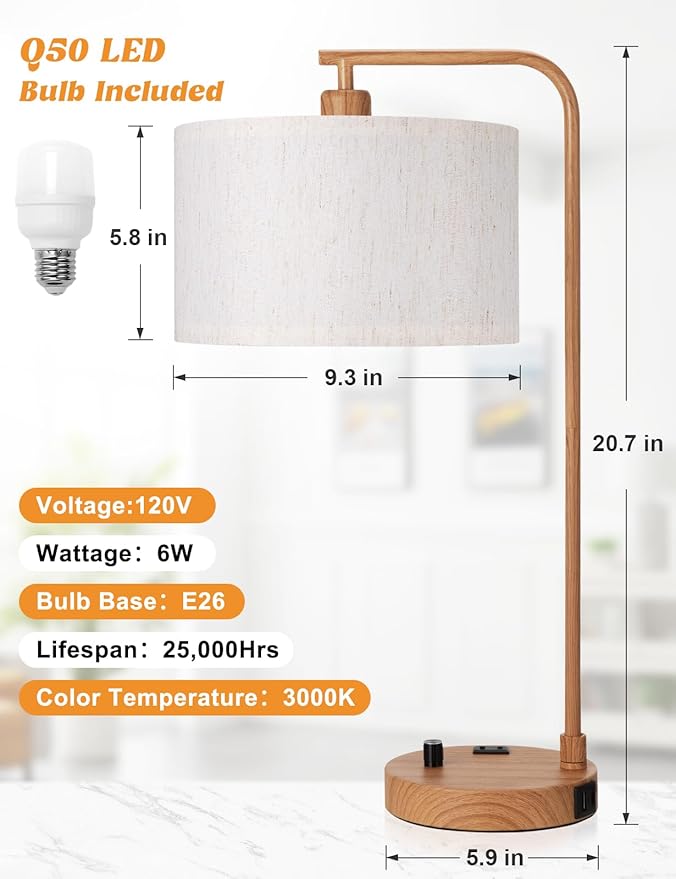 Innqoo Wood Tall Table Lamp with USB Port and Outlet, Dimmable Nightstand Bedside Lamps with Linen Lampshade, Desk Lamp for Bedroom, Living Room, Guest Room, Home Office, LED Bulb Included - Bloomnest