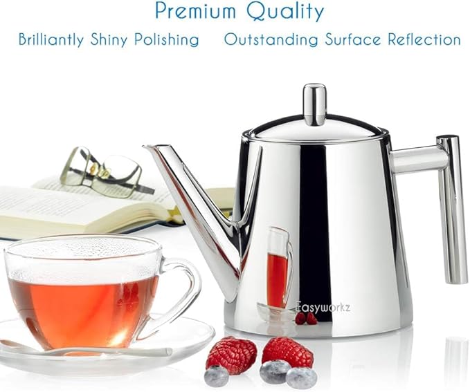 Easyworkz Stainless Steel Double Wall 34 oz Tea Pot with Removable Tea Infuser, Perfect for Brewing Your Favorite Tea, Chrome - Bloomnest