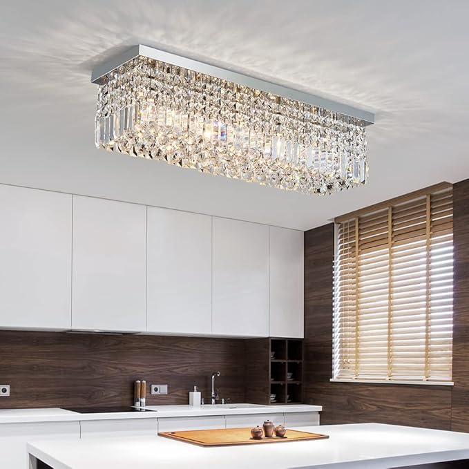 Saint Mossi 5-Lights Modern K9 Crystal Chandelier Light Fixture, Flush Mount Chandelier for Dinning Room, H9 x W10 x L31, Clear Crystal & Chrome Finish - Bloomnest