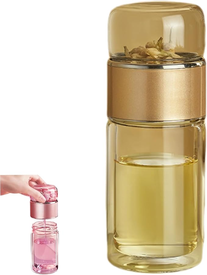 Nhdap Teava 3-In-1 Smart Tea Infuser, Tryteava Portable Leak-Proof Glass Infuser Bottle for Loose Leaf Tea, Double Layer Water Cup Separation Teapot With Strainers for Office, Travel (Gold, 280ml) - Bloomnest
