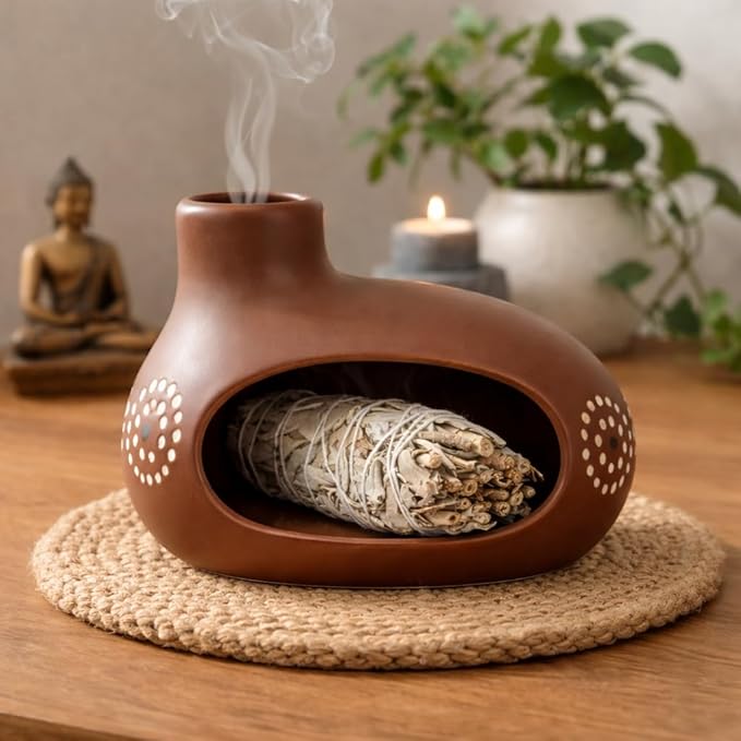 Palo Santo Holder, Chimney Palo Santo Burner, Ceramic Incense Holder with Ash Catcher for Yoga, Meditation, Home Fragrance & Cleansing, Burning Palo Santo Sticks, Cone Incense, Resin, Sage Phymorse