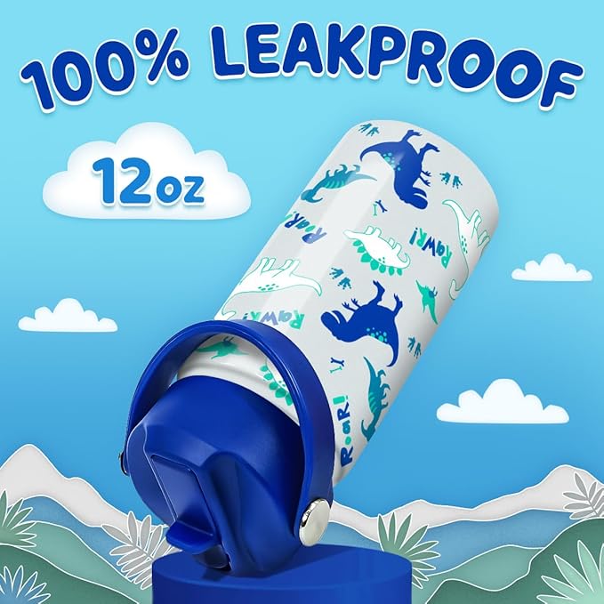 SANDJEST Dinosaur 12 oz Insulated Stainless Steel Water Bottle with Straw Lid - Thermos for Kids & Teens - School, Sports, Travel Cup - Bloomnest
