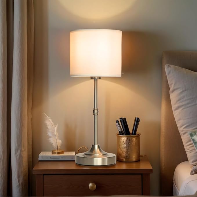Rechargeable Table Lamp, Cordless Touch Lamps, Portable Desk Light with Stepless Dimmable Brightness & Fabric Shade for Nightstand Bedside Living Room (Silver, Straight) - Bloomnest