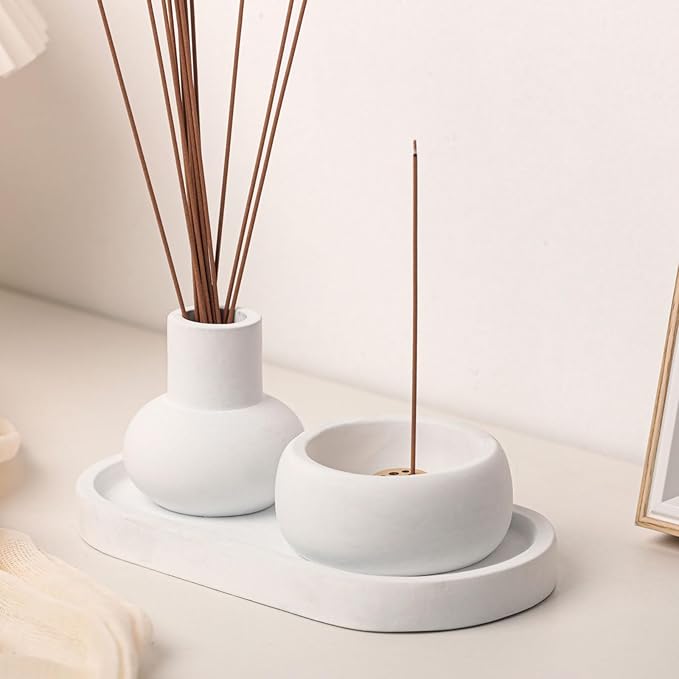 Concrete Incense Burner Set with Holder and Tray,Multifunction Incense Holder for Burning Sage,Palo Santo,Incense Sticks,Ideal for Meditation Home Decor(White) - Bloomnest