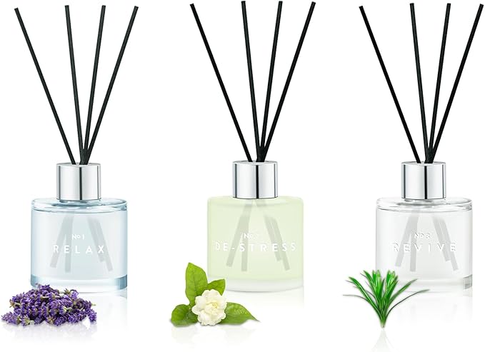 3 Pack Fragrance Reed Diffuser, 50ML Lavender Honey Jasmine White Tea Lemongrass Ginger Aromatherapy Diffuser Set with 12 Black Fiber Sticks,Air Freshener for Bedroom Bathroom Office - Bloomnest