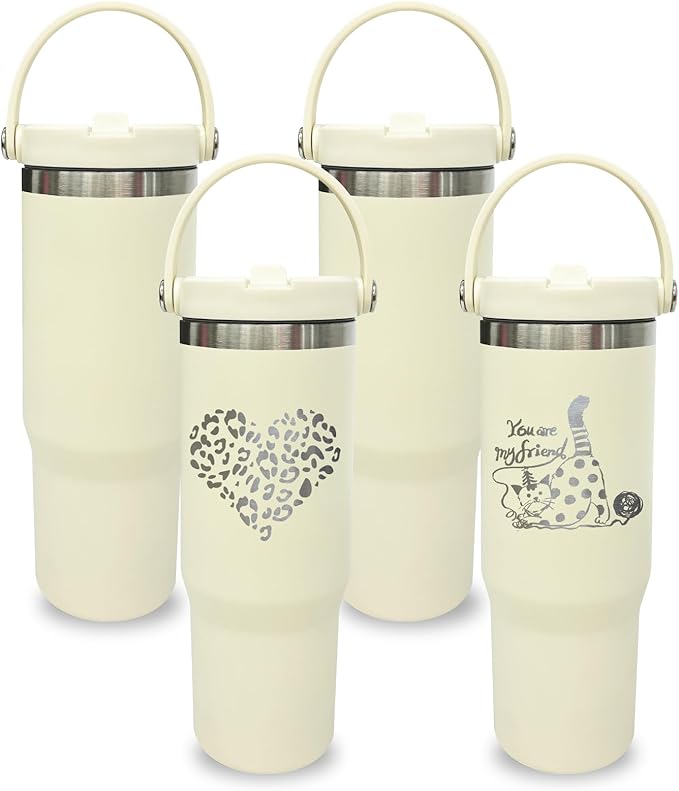 30 oz Tumbler Bulk with Top Handle, Double Wall Vacuum Insulated Tumbler with Flip Straw, Travel Coffee Mug 30oz Powder Coated Cup for Laser Engraving (Cream,4 pack)