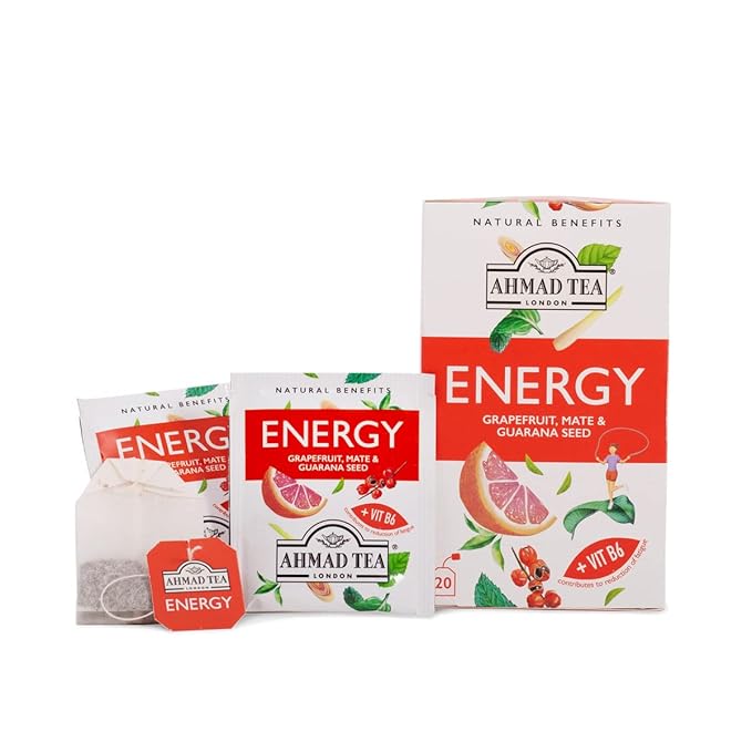 Ahmad Tea Herbal Tea, Grapefruit, Mate, Guarana Seed, & Vitamin B6 'Energy' Natural Benefits Teabags, 20 ct (Pack of 1) - Caffeinated & Sugar-Free - Bloomnest