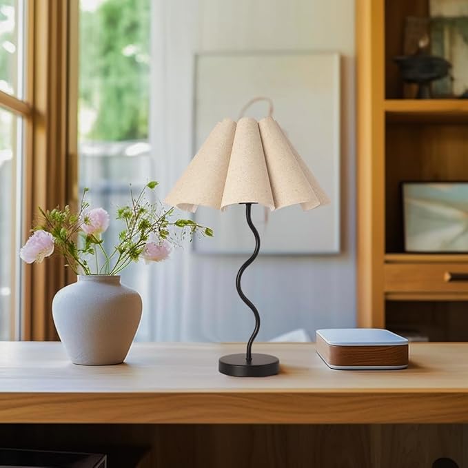 KUNJOULAM Small Table Lamp, Bedside Nightstand Lamp with Umbrella Form Fabric Lampshade Black Base, Morden Mini Desk Lamp for Bedroom Home Office Decor - Bloomnest