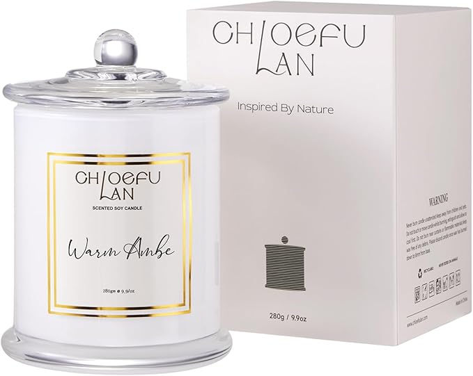 Chloefu LAN Warm Amber Candle, Scented Candles Gifts for Women & Men, Amber Oil, Cotton Wick, Natural Soy Wax for Clean Burning, Luxury Home Decor, Non-Toxic, Glass Jar Candle, 70 Hour Burn, 10 oz - Bloomnest