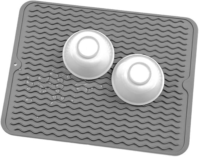 Silicone Dish Drying Mat for Multiple Usage,Easy clean,Eco-friendly,Heat-resistant Silicone Mat for Kitchen Counter or Sink,Refrigerator or drawer liner Grey L 16 inches x 12 inches - Bloomnest