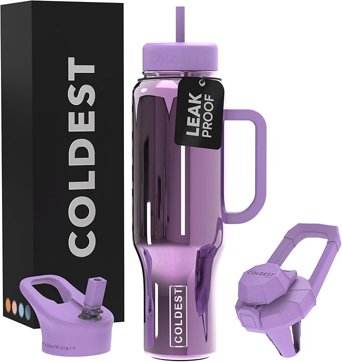 Coldest Tumbler with Handle and Straw, 100% Spill Proof Tumbler with Straw (3 Lids), Stainless Steel Insulated Leakproof Tumblers for Women Men, Cup Holder Friendly, 46 oz (Violet Astra Reflections) - Bloomnest